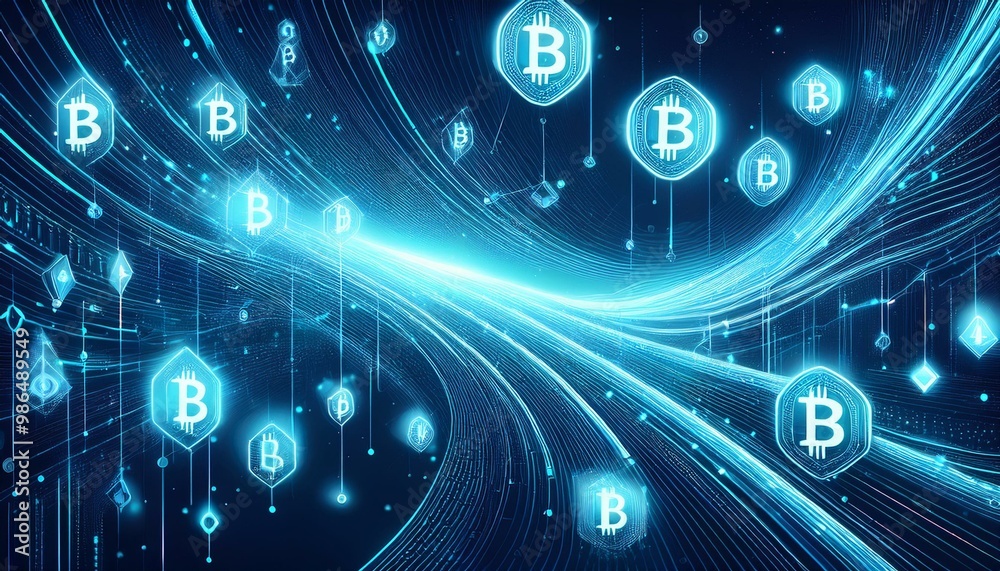 Obraz premium Abstract digital stream of glowing blue code and cryptocurrency symbols.