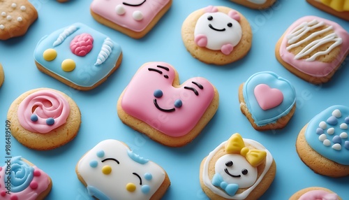 Colorful Decorated Cookies with Happy Faces and Designs on a Blue Background photo