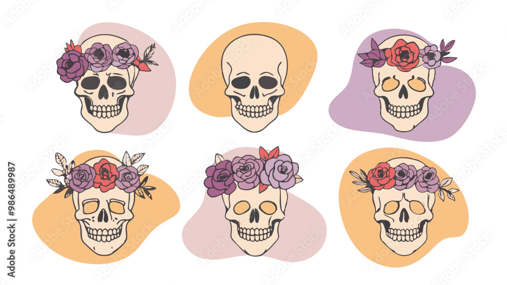 Boho skull collection with floral crowns, soft pastel colors. For textile patterns, web design, or invitations for Day of the Dead and Halloween themes Boho skull collection with floral crowns, soft pastel colors. For textile patterns, web design, or invitations for Day of the Dead and Halloween themes