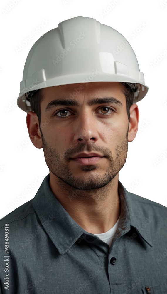 Serious male engineer in white hard hat Serious male engineer in white hard hat