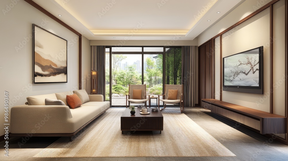 Fototapeta premium Beautiful Minimal Brown Colored Living Room Interior 