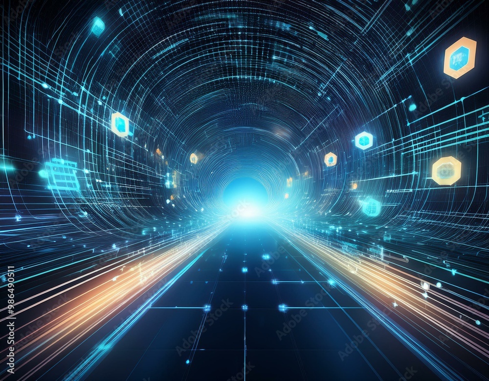 Abstract digital tunnel with glowing icons and lines, representing fast data flow and connection. Abstract digital tunnel with glowing icons and lines, representing fast data flow and connection.