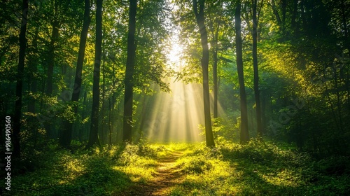 Sunbeams Illuminating a Path Through a Lush Green Forest