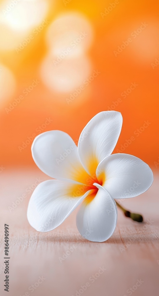 Delicate white plumeria flower resting on a wooden surface against a warm orange background Delicate white plumeria flower resting on a wooden surface against a warm orange background