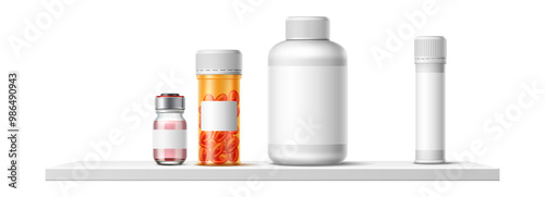 Drugs on white shelf. Hospital or pharmacy with realistic containers