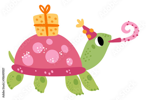 Happy birthday party turtle celebrating with gift box