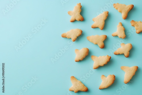 A Scattering of Golden-Brown Cookies on a Light Blue Background