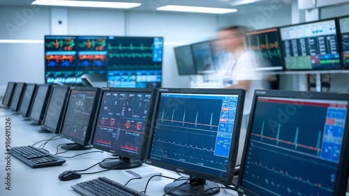 Modern control rooms or command centers have rows of computer screens displaying various data, charts, and graphs, and are staffed by employees or technicians looking after equipment.