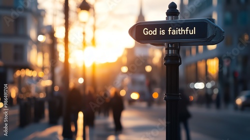 Inspirational street sign reading 'God is faithful' with blurred urban background and sunset, symbolizing hope and faith in the city life.