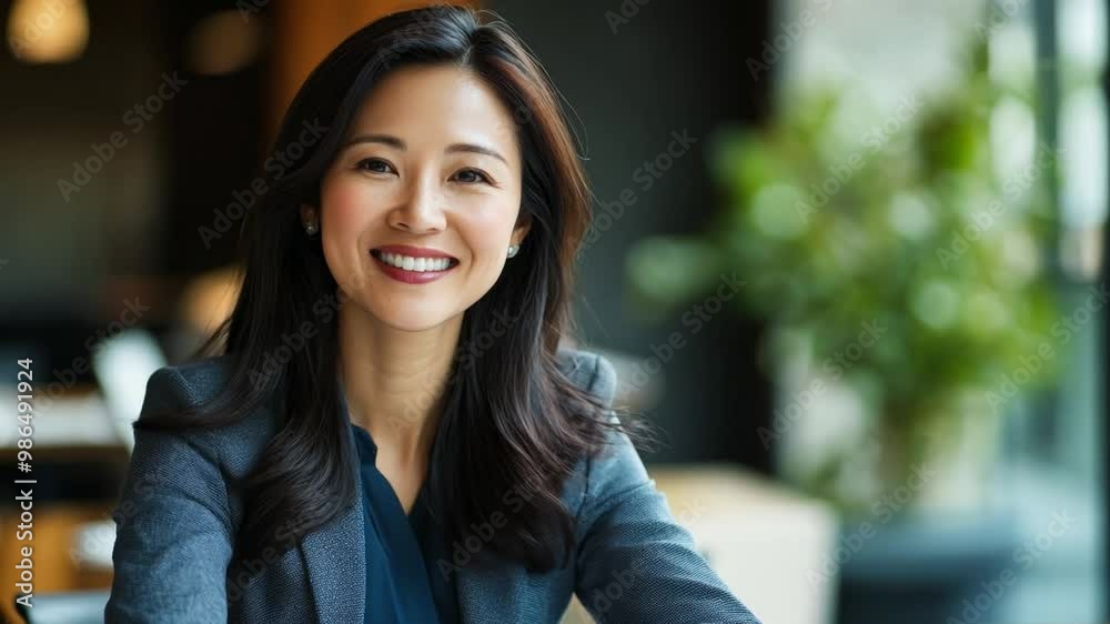 A confident asian woman in a suit smiles while seated at her workspace, surrounded by greenery and natural light