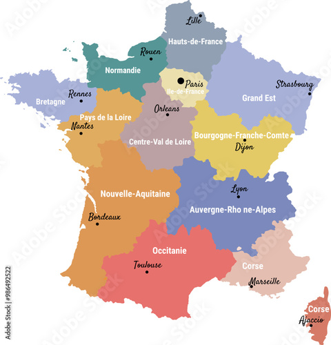 Map of France with regions and regional cities, flat style, vector illustration