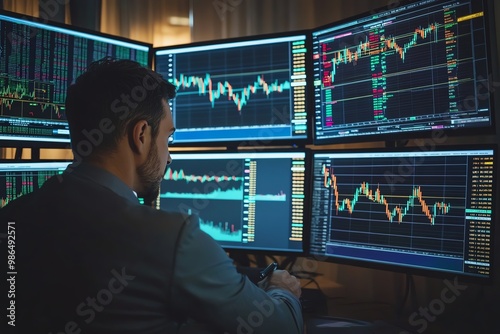 Trader analyzing stock market data at screens