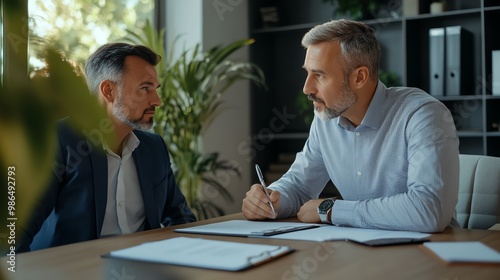 Two men discussing in modern office setting