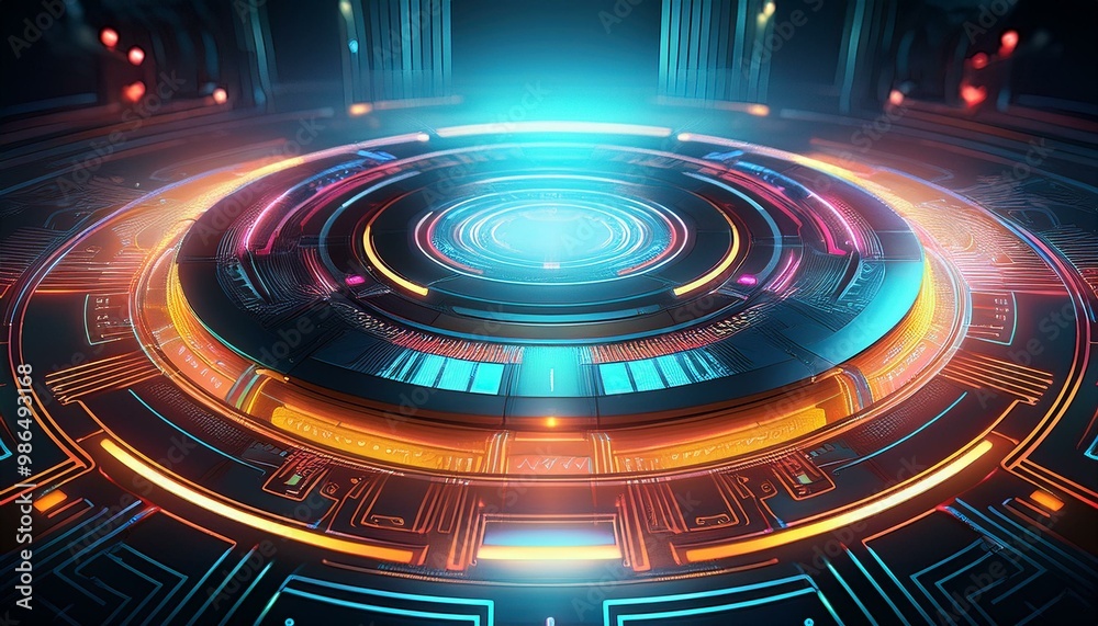Abstract futuristic digital interface with glowing neon lights and a central circular element. Abstract futuristic digital interface with glowing neon lights and a central circular element.