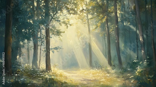 Sunbeams Filtering Through Tall Trees in a Forest