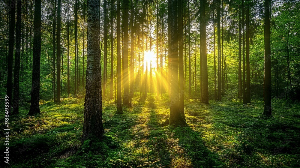 Sunbeams Illuminating a Lush Forest Floor Sunbeams Illuminating a Lush Forest Floor