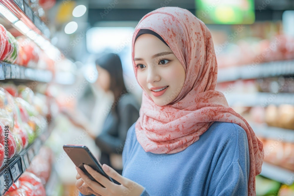 Muslim Woman Shopping with Smartphone in Grocery Store