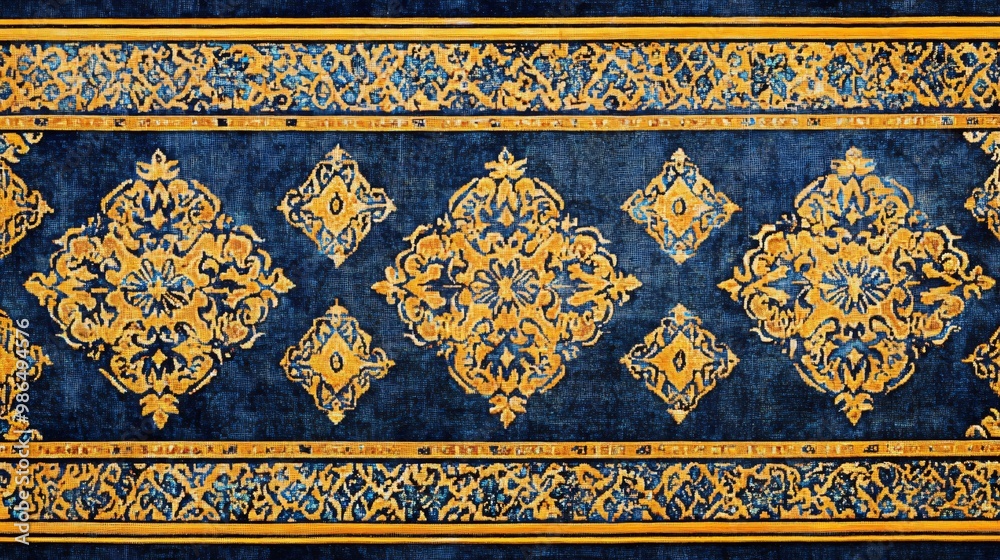 Close-up of a blue and gold patterned carpet with intricate designs. Close-up of a blue and gold patterned carpet with intricate designs.