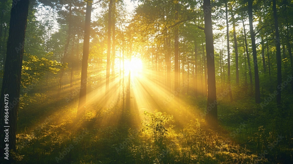 Sunlight Streaming Through a Misty Forest Sunlight Streaming Through a Misty Forest