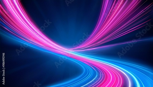 Abstract glowing neon lines in pink and blue create a winding path against a dark blue background.