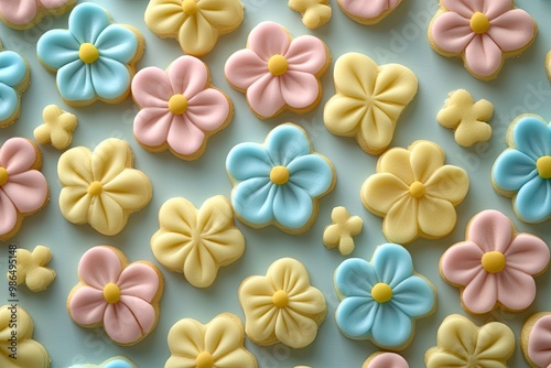 Close-up of Decorated Flower-Shaped Cookies on a Blue Background