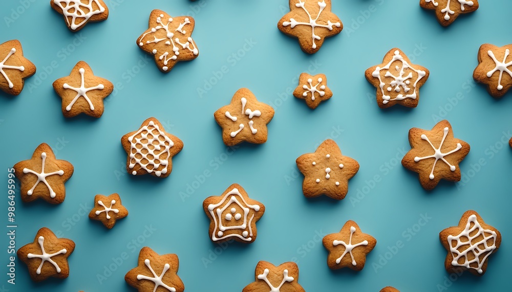 Star-shaped gingerbread cookies with white icing on a blue background