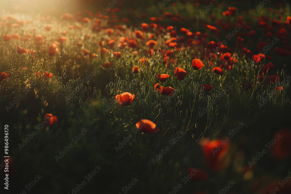 Fototapeta premium Large field of blooming red poppies.