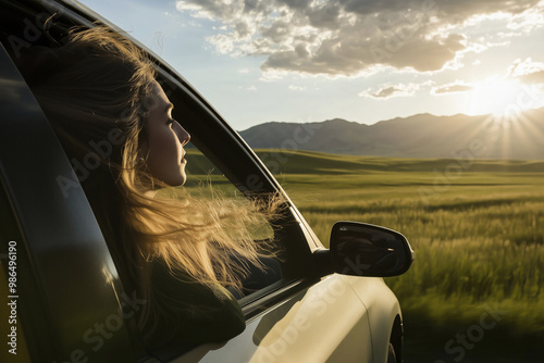 Beautiful girl from a car looks at the mountains in the distance. photo