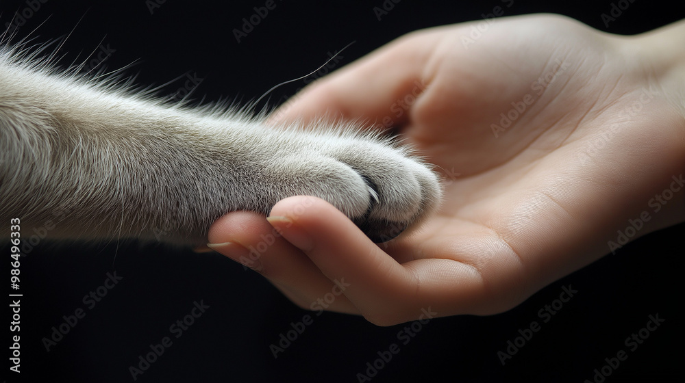 © Ramses - cat paw and human hand on black background