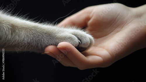 cat paw and human hand on black background
