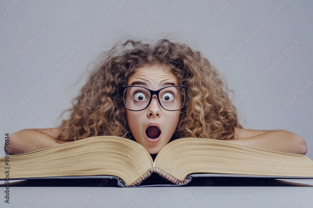 Surprised girl in front of a huge book. Surprised girl in front of a huge book.