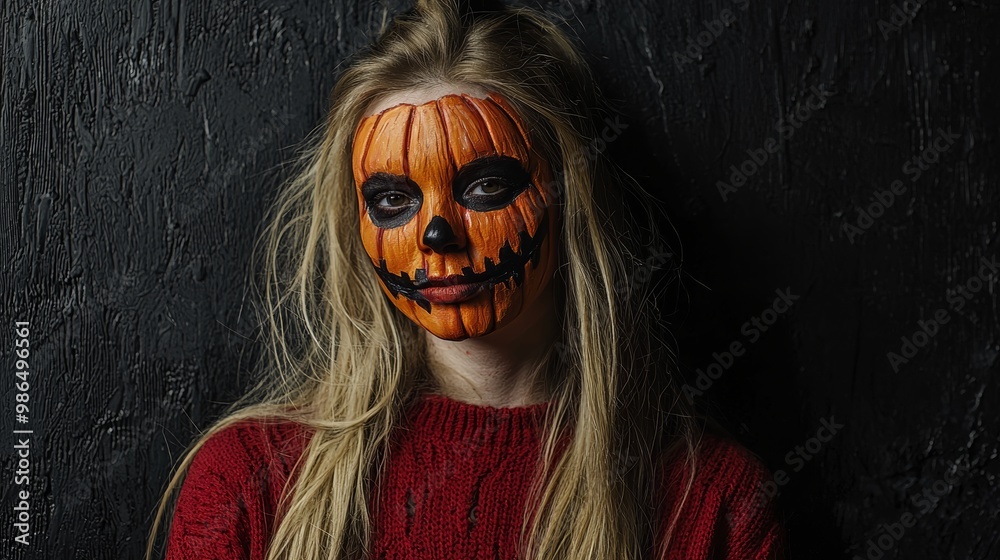 Young blonde girl with halloween face art posing outdoor. Helloween celebration concept. Young blonde girl with halloween face art posing outdoor. Helloween celebration concept.