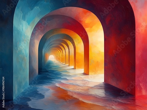 Abstract hallway with arches painted in vibrant colors, leading to a bright light at the end. photo