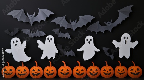 Modern gift card with halloween on dark background. Helloween in paper cut style on dark background. Happy halloween.