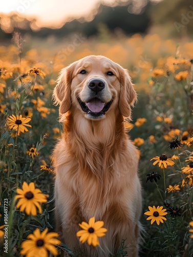 A happy golden retriever sits in a field of yellow flowers, smiling with its tongue out.