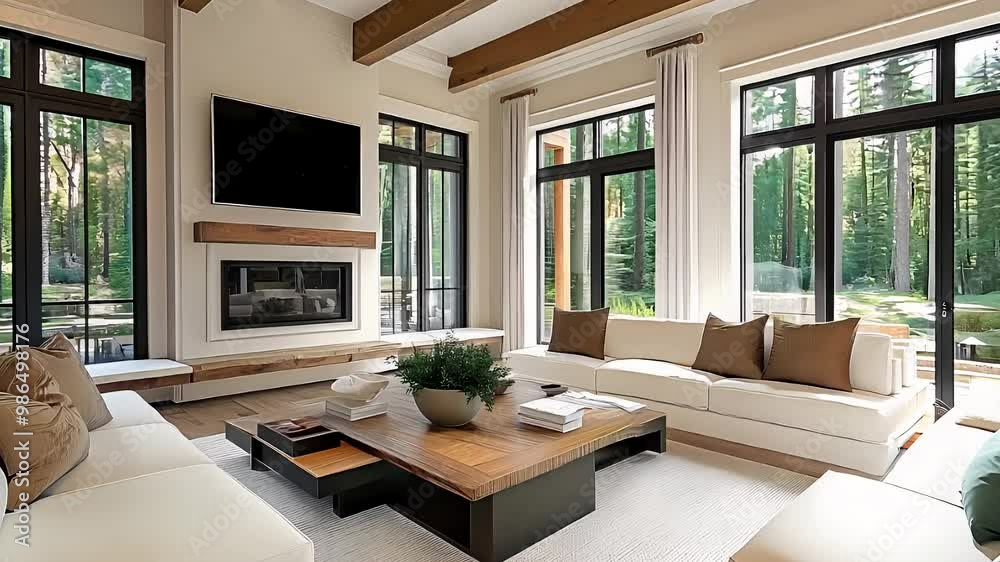 Modern living room with large windows elegant interior design and cozy ...