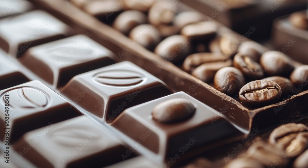 Delicious assortment of chocolate positioned artistically among roasted coffee beans Delicious assortment of chocolate positioned artistically among roasted coffee beans