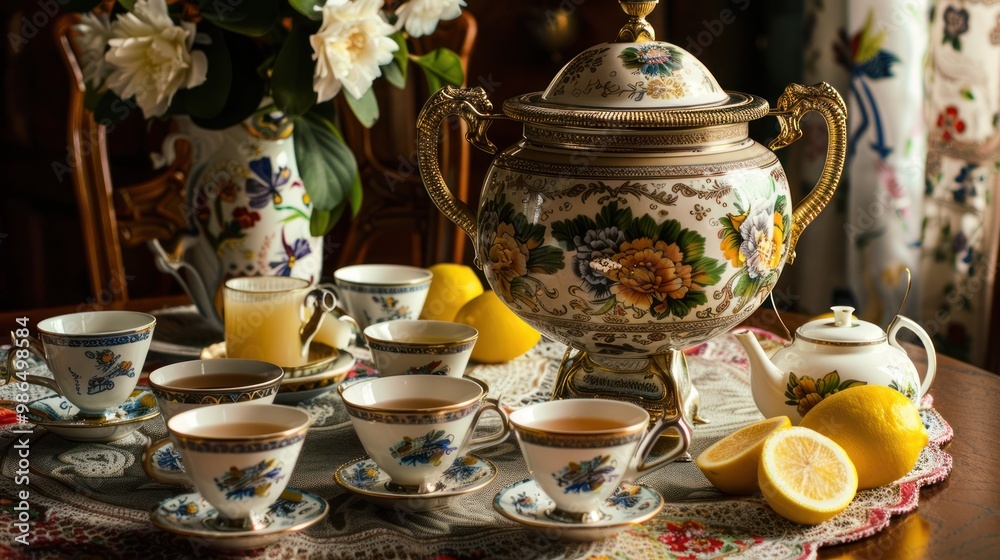 Fototapeta premium Traditional Tea Ceremony with Ornate Teapot and Delicate Teacups