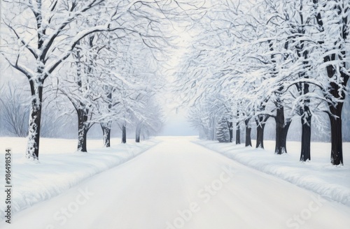 A tranquil winter pathway lined with snow-covered trees on a calm day photo