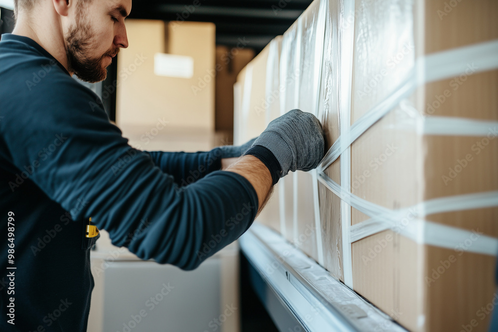 Worker securing large boxes in a warehouse, carefully wrapping them with straps for safe transport Worker securing large boxes in a warehouse, carefully wrapping them with straps for safe transport