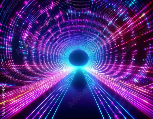 Abstract neon tunnel with glowing lines and particles. Futuristic digital background.