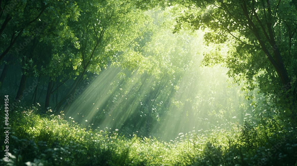 Obraz premium Sunbeams Illuminating a Lush Forest Clearing