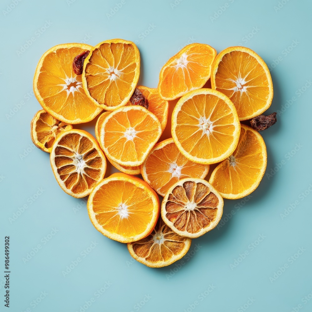 Dried orange slices arranged in a heart shape on a light blue background for decorative ideas Dried orange slices arranged in a heart shape on a light blue background for decorative ideas
