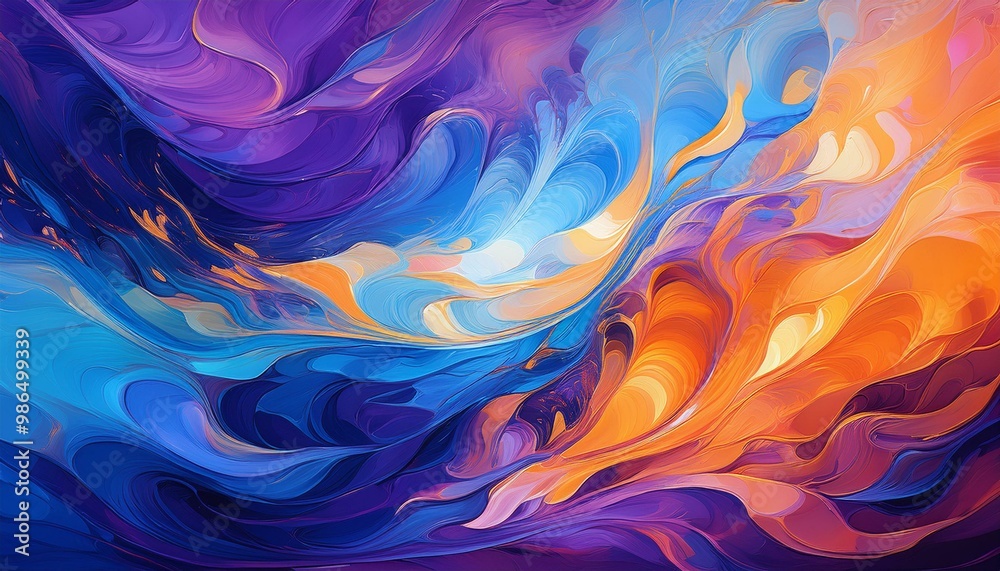 Abstract painting with vibrant colors of blue, purple, and orange, creating a sense of energy and movement. Abstract painting with vibrant colors of blue, purple, and orange, creating a sense of energy and movement.