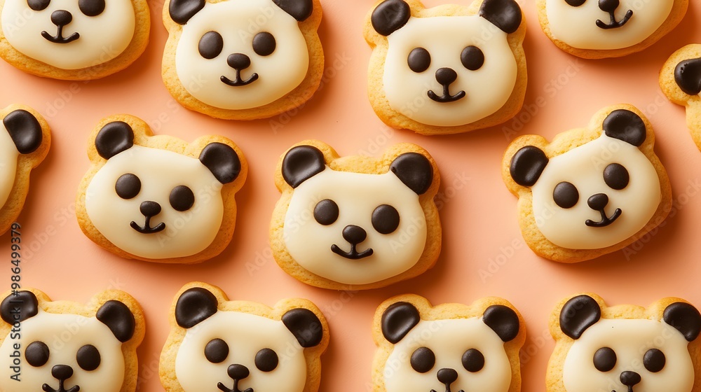 Close-up of Panda-Shaped Cookies with White Icing and Chocolate Details Close-up of Panda-Shaped Cookies with White Icing and Chocolate Details