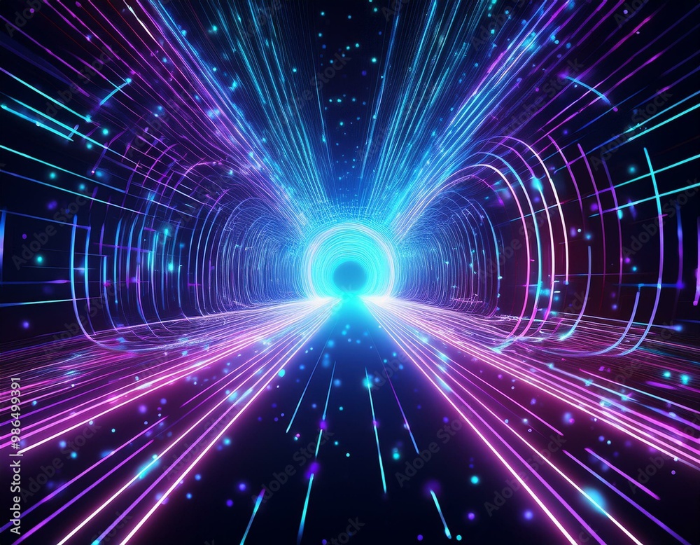 Naklejka premium Abstract neon tunnel with glowing lines and particles. Futuristic digital background.