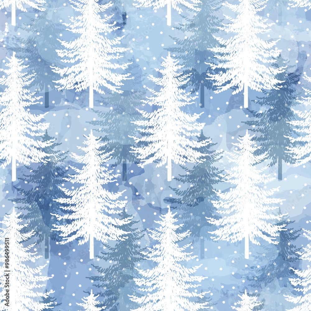 Christmas tree seamless pattern. Noel watercolor print, New Year winter decoration, silver and blue Christmas background with firs and white snow, wallpaper, wrapping paper design Christmas tree seamless pattern. Noel watercolor print, New Year winter decoration, silver and blue Christmas background with firs and white snow, wallpaper, wrapping paper design