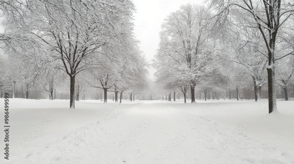 Snow-covered park path during winter with trees blanketed in white fluff Snow-covered park path during winter with trees blanketed in white fluff