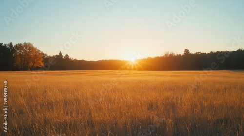 Sunset over an autumn meadow with golden grasses and distant trees