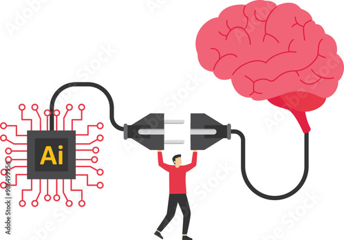 AI machine learning, neural network technology or human to work together with AI artificial intelligence, innovation technology concept, businessman connect human brain with AI chip processing unit.

